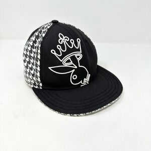Vintage Playboy‎ Bunny Embroidered Logo Fitted Cap Black White Herringbone M